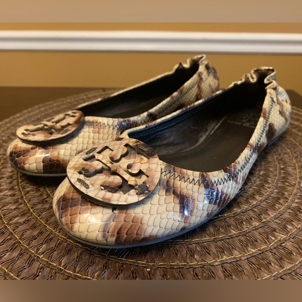 Tory Burch Minnie Travel Ballet Flat 7 M Snake Printed Leather Warm Roccia EUC